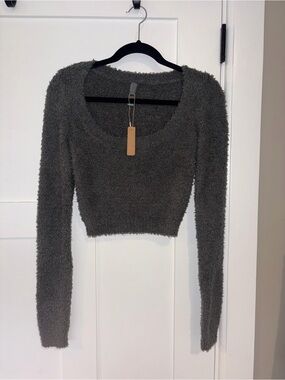 NWT SKIMS Cozy Knit Cropped Scoop Neck Sweater - Charcoal Gray Size Small